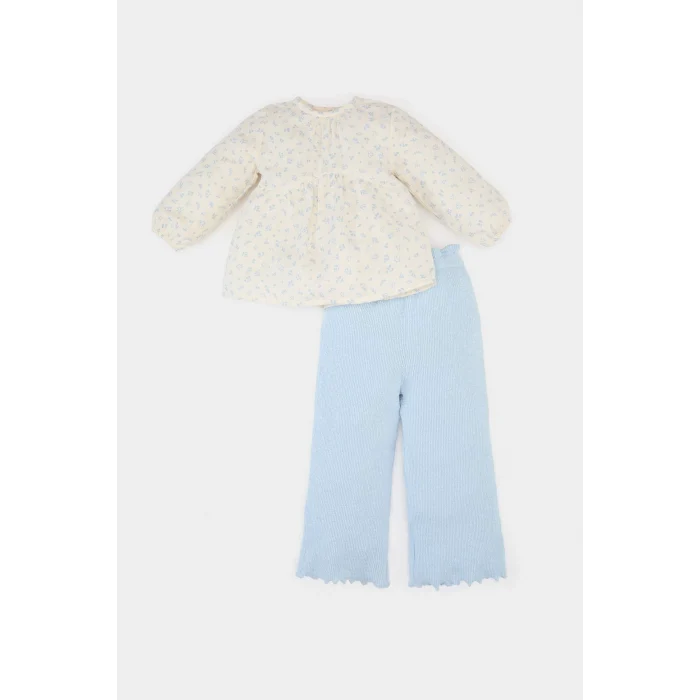 Defacto E5708 Ekru Kız Bebek 2li Takım Çiçekli Müslin Uzun Kollu Bluz Beli Lastikli Geniş Bol Paça Pantolon