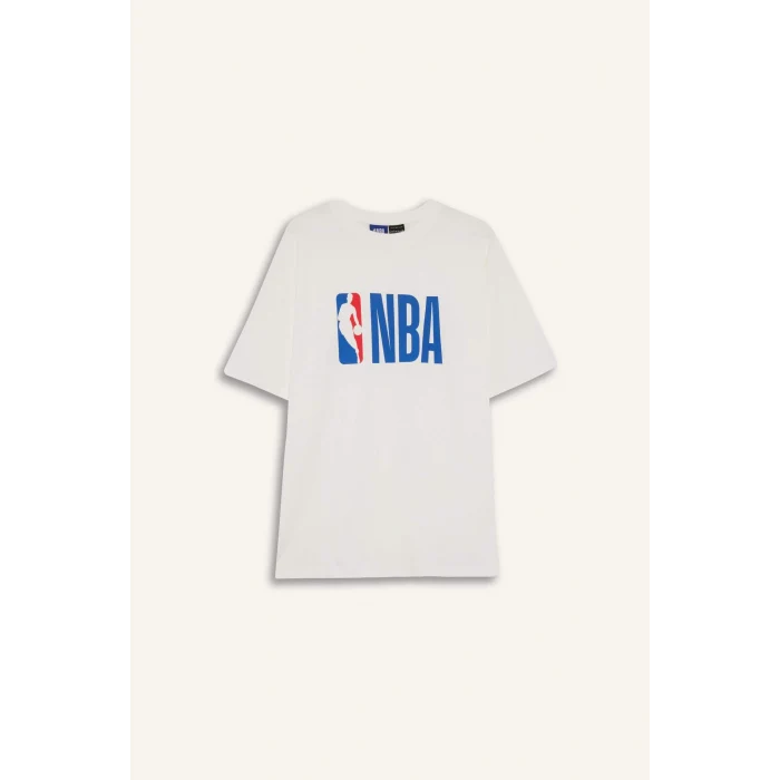 Defacto T5506 Beyaz DeFactoFit NBA Wordmark Oversize Geniş Kalıp Bisiklet Yaka Baskılı Kısa Kollu Tişört