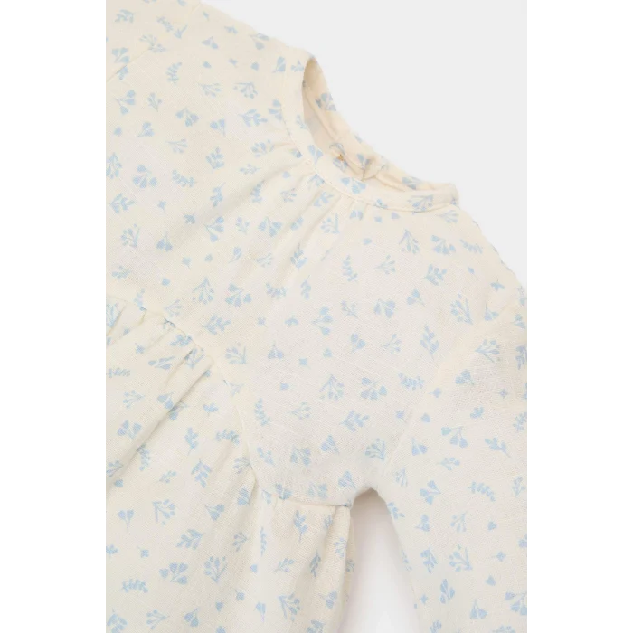 Defacto E5708 Ekru Kız Bebek 2li Takım Çiçekli Müslin Uzun Kollu Bluz Beli Lastikli Geniş Bol Paça Pantolon