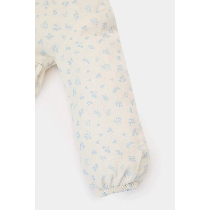 Defacto E5708 Ekru Kız Bebek 2li Takım Çiçekli Müslin Uzun Kollu Bluz Beli Lastikli Geniş Bol Paça Pantolon