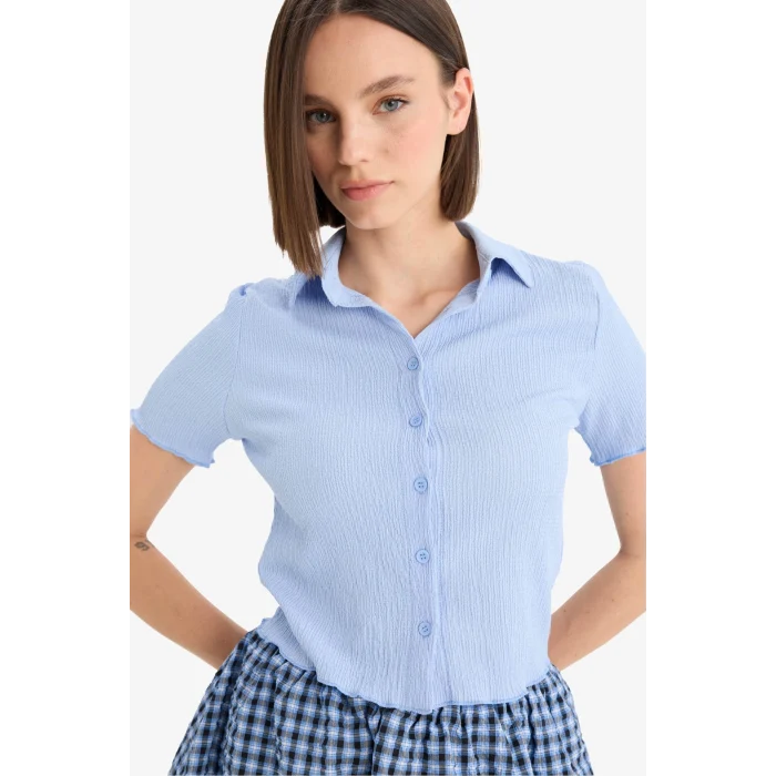Defacto D4520 Mavi Coool Fitted Bürümcük Kısa Kollu Gömlek