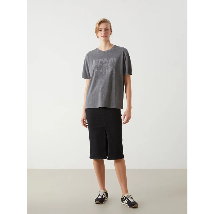 LCW Vision Antrasit Bisiklet Yaka Taşlı Oversize Kadın Tişört