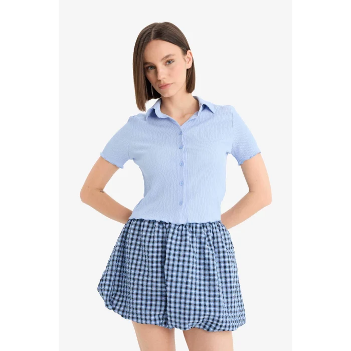 Defacto D4520 Mavi Coool Fitted Bürümcük Kısa Kollu Gömlek