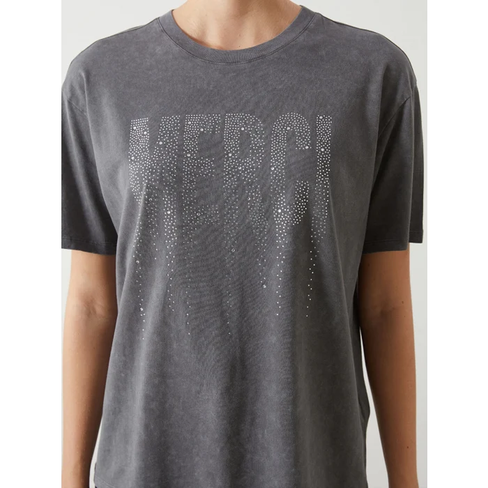 LCW Vision Antrasit Bisiklet Yaka Taşlı Oversize Kadın Tişört