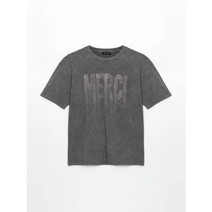 LCW Vision Antrasit Bisiklet Yaka Taşlı Oversize Kadın Tişört