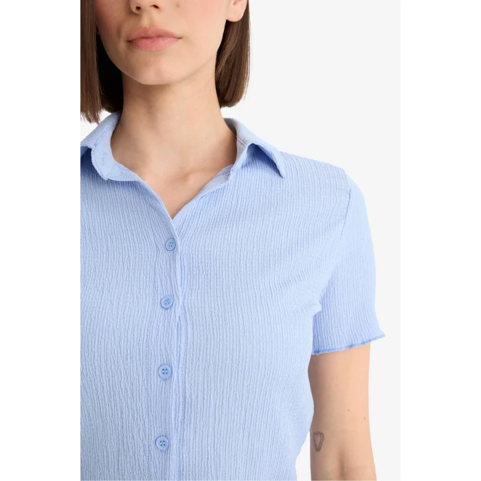 Defacto D4520 Mavi Coool Fitted Bürümcük Kısa Kollu Gömlek