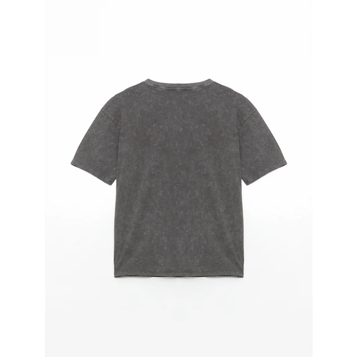 LCW Vision Antrasit Bisiklet Yaka Taşlı Oversize Kadın Tişört