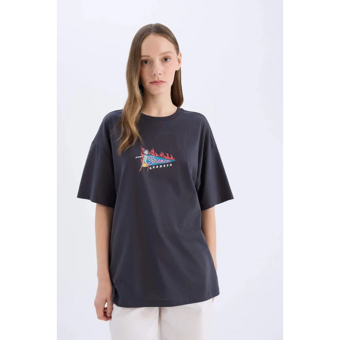 Defacto D9127 Antrasit Coool Rick and Morty Oversize Geniş Kalıp Bisiklet Yaka Sırt Baskılı Kısa Kollu Tişört