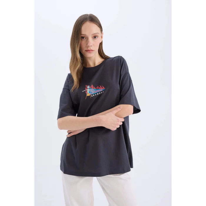 Defacto D9127 Antrasit Coool Rick and Morty Oversize Geniş Kalıp Bisiklet Yaka Sırt Baskılı Kısa Kollu Tişört