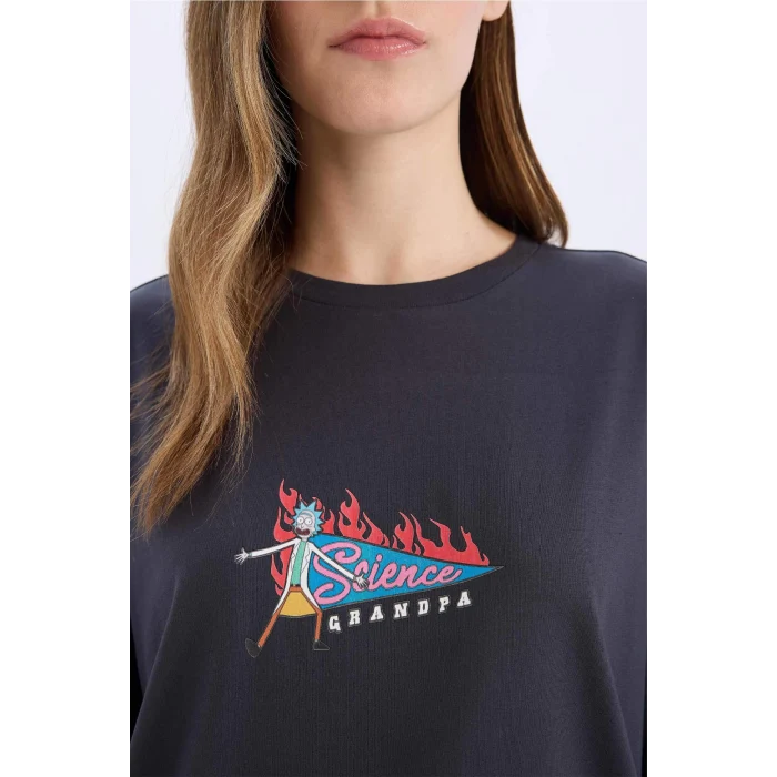 Defacto D9127 Antrasit Coool Rick and Morty Oversize Geniş Kalıp Bisiklet Yaka Sırt Baskılı Kısa Kollu Tişört