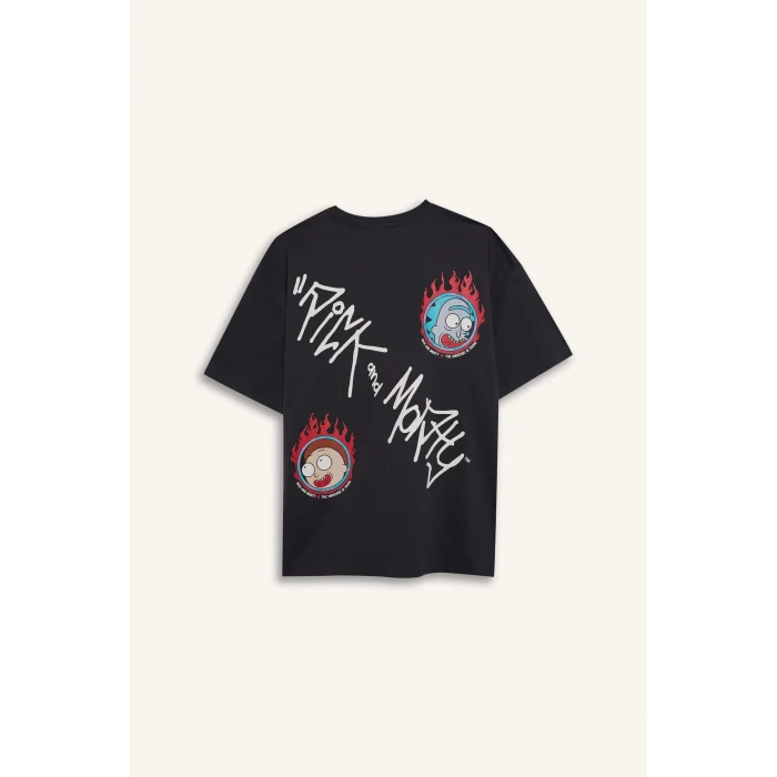 Defacto D9127 Antrasit Coool Rick and Morty Oversize Geniş Kalıp Bisiklet Yaka Sırt Baskılı Kısa Kollu Tişört