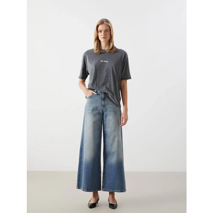 LCW Vision Antrasit Bisiklet Yaka Baskılı Oversize Kadın Tişört