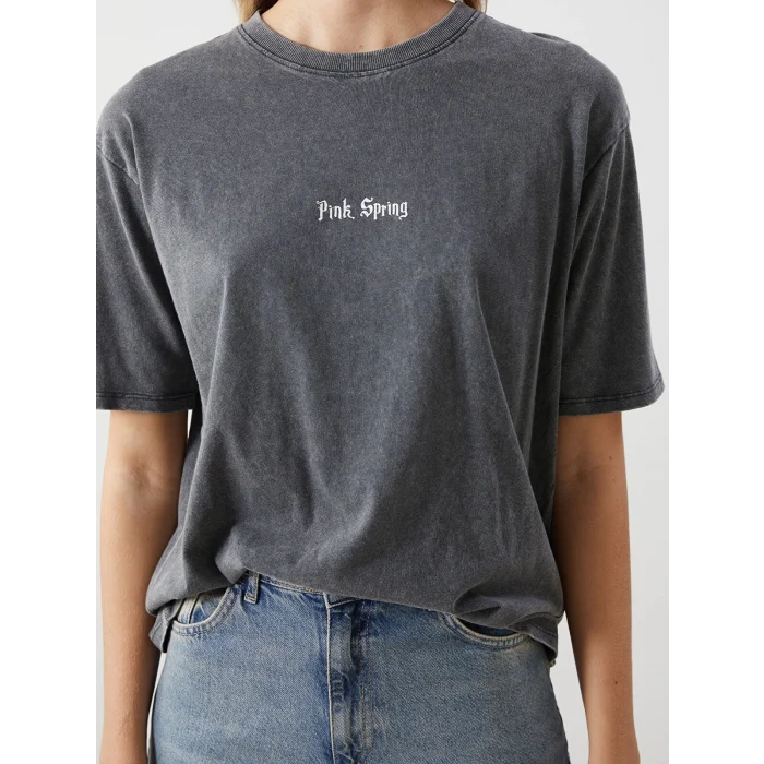 LCW Vision Antrasit Bisiklet Yaka Baskılı Oversize Kadın Tişört