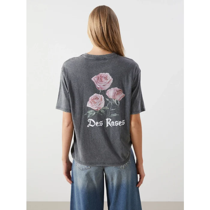 LCW Vision Antrasit Bisiklet Yaka Baskılı Oversize Kadın Tişört