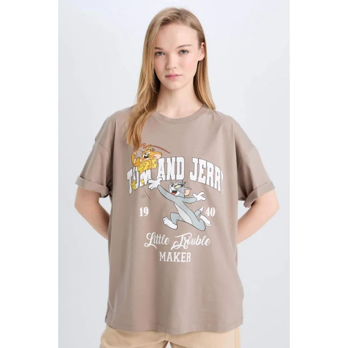 Defacto D9113 Kahve Coool Tom & Jerry Oversize Geniş Kalıp Bisiklet Yaka Baskılı Kısa Kollu Tişört