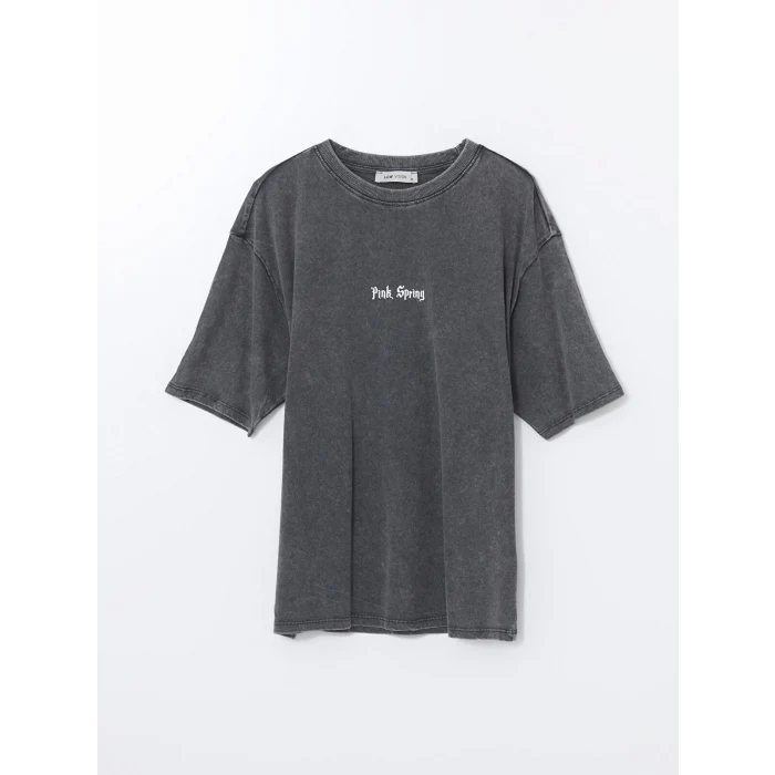 LCW Vision Antrasit Bisiklet Yaka Baskılı Oversize Kadın Tişört