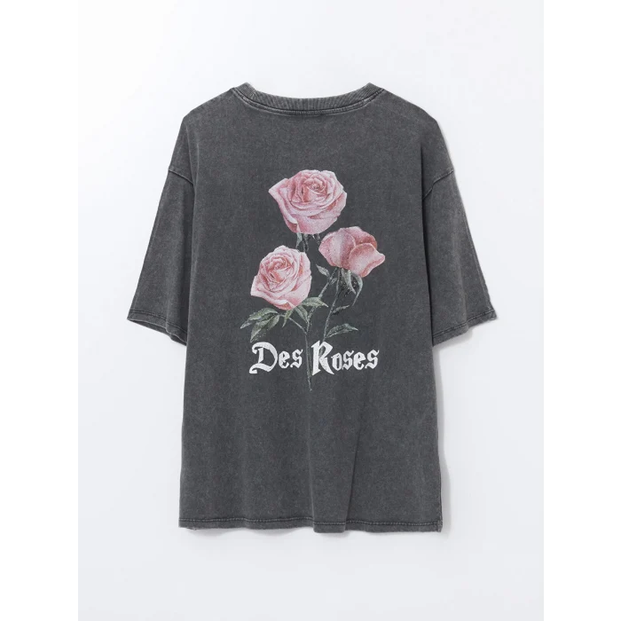 LCW Vision Antrasit Bisiklet Yaka Baskılı Oversize Kadın Tişört