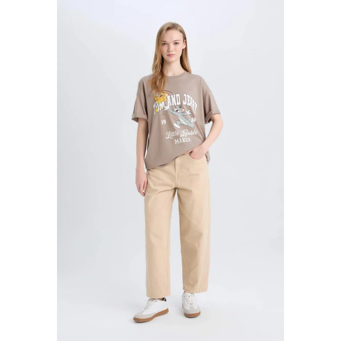 Defacto D9113 Kahve Coool Tom & Jerry Oversize Geniş Kalıp Bisiklet Yaka Baskılı Kısa Kollu Tişört