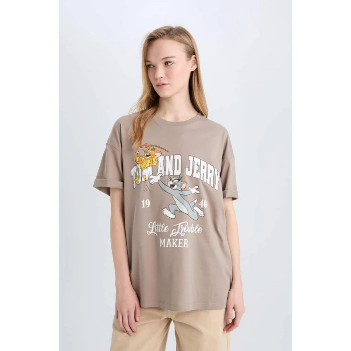 Defacto D9113 Kahve Coool Tom & Jerry Oversize Geniş Kalıp Bisiklet Yaka Baskılı Kısa Kollu Tişört