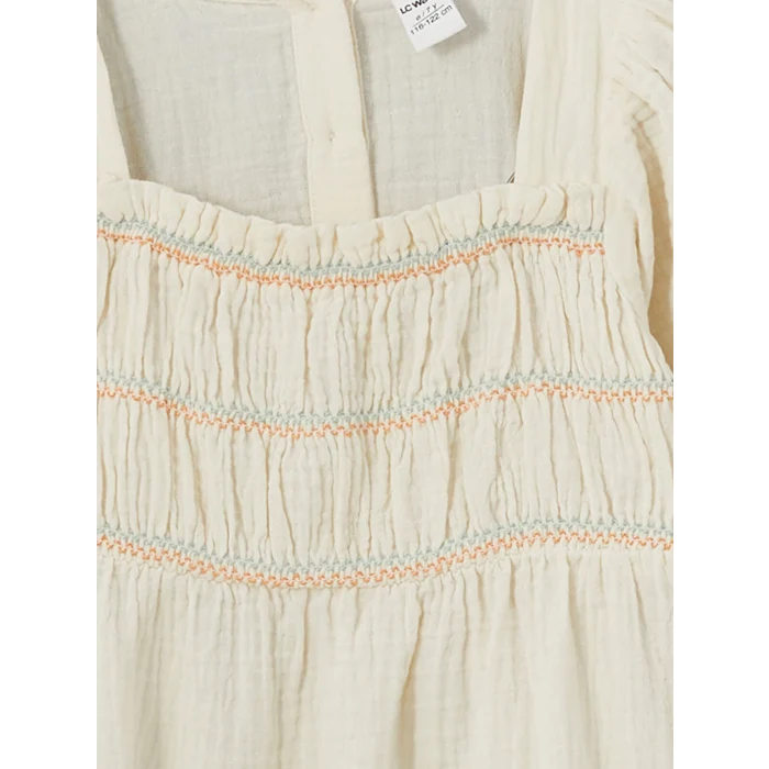LCW Kids Ekru Basic Müslin Büzgülü Kız Çocuk  Elbise