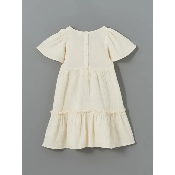 LCW Kids Ekru Basic Müslin Büzgülü Kız Çocuk  Elbise
