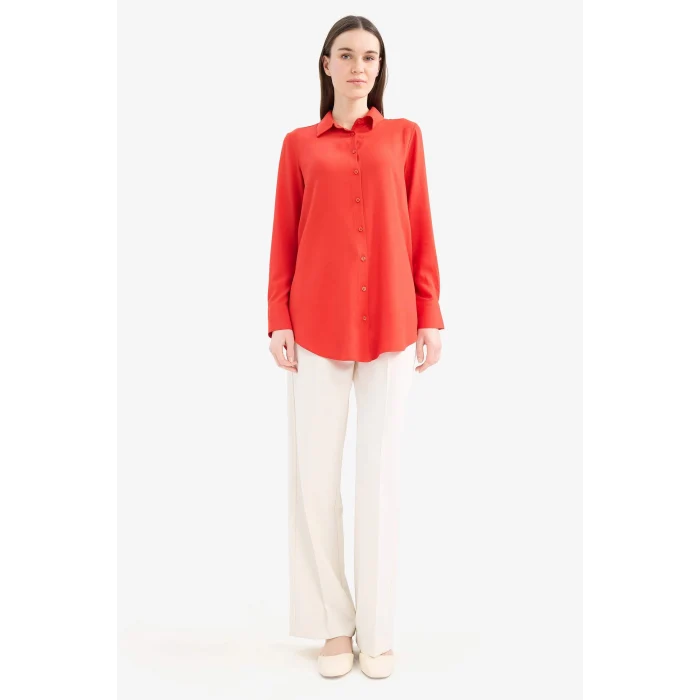 Defacto Z3538 Kırmızı Regular Fit Basic Düz Uzun Kollu Tesettür Gömlek Tunik