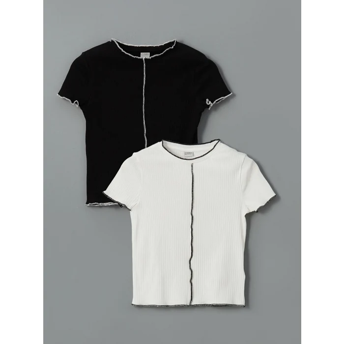 LCW Kids Ekru Bisiklet Yaka Kız Çocuk Crop Tişört 2li