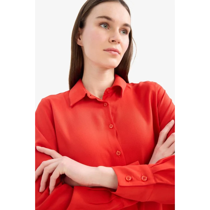 Defacto Z3538 Kırmızı Regular Fit Basic Düz Uzun Kollu Tesettür Gömlek Tunik