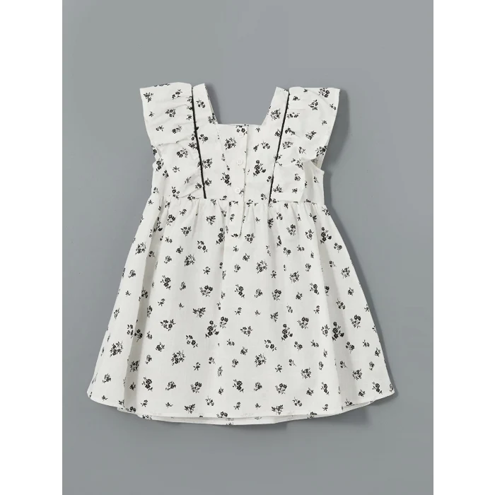 LCW Kids Ekru Kare Yaka Keten Kız Çocuk Elbise