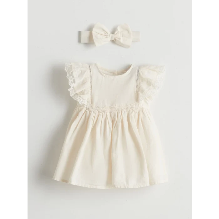 LCW baby Ekru Poplin Kız Bebek Elbise ve Saç Bandı 2li