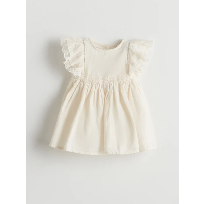 LCW baby Ekru Poplin Kız Bebek Elbise ve Saç Bandı 2li