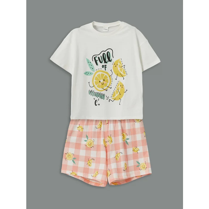 LCW Kids Ekru Bisiklet Yaka Kız Çocuk Şortlu Pijama Takımı