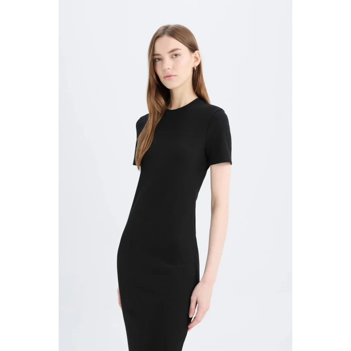 Defacto E6926 Siyah Bodycon Vücudu Saran Bisiklet Yaka Basic Düz Fitilli Kaşkorse Kısa Kollu Midi Elbise