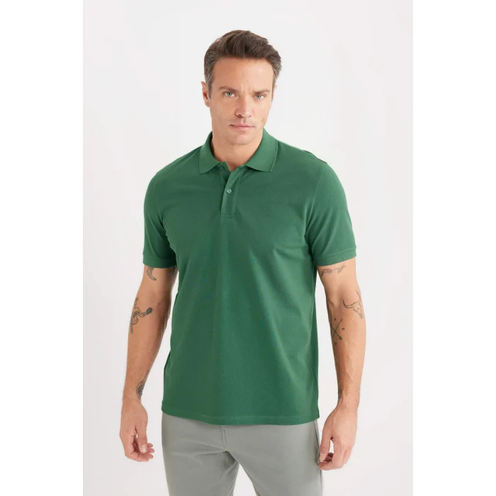 Defacto C1293 Yeşil %100 Pamuk Regular Fit Kısa Kollu Basic Düz Pike Kumaş Polo Tişört