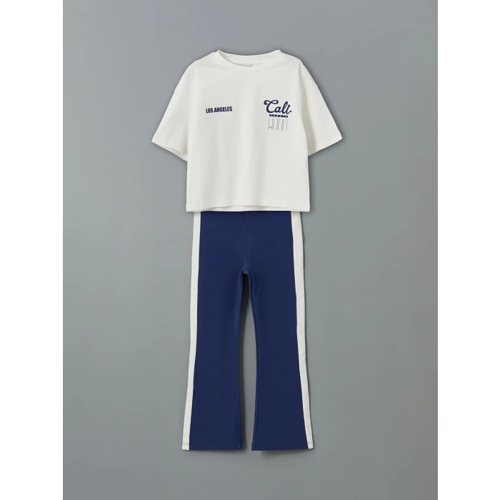 LCW Kids Ekru Los Angeles Baskılı Kız Çocuk Tişört ve Eşofman Altı