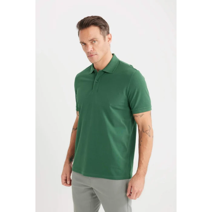 Defacto C1293 Yeşil %100 Pamuk Regular Fit Kısa Kollu Basic Düz Pike Kumaş Polo Tişört