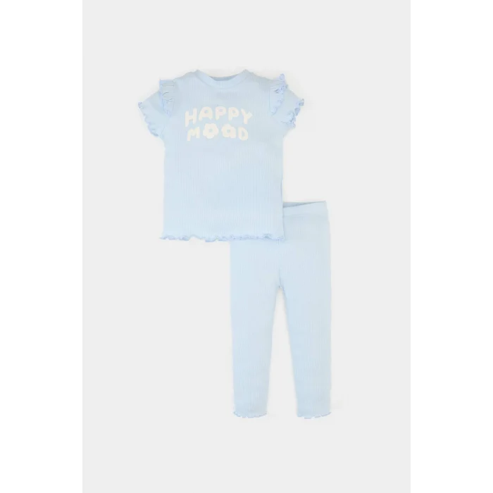 Defacto A0457 Mavi Kız Bebek 2li Takım Baskılı Kısa Kollu Fitilli Kaşkorse Tişört Beli Lastikli Alt
