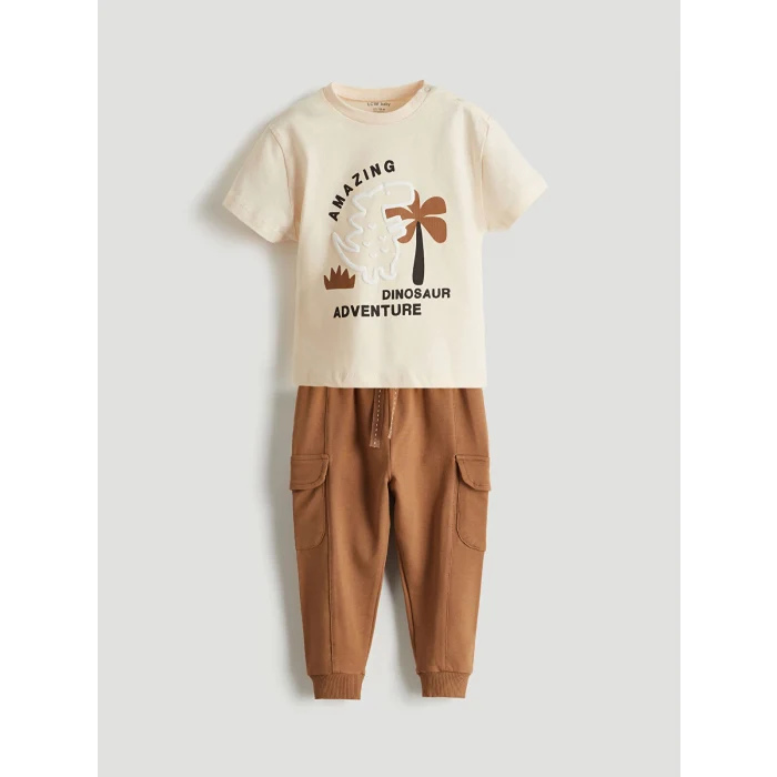 LCW baby Bej Dinazor Baskılı Erkek Bebek Tişört ve Pantolon 2li
