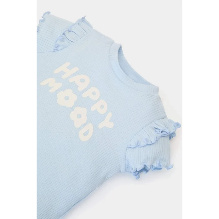 Defacto A0457 Mavi Kız Bebek 2li Takım Baskılı Kısa Kollu Fitilli Kaşkorse Tişört Beli Lastikli Alt