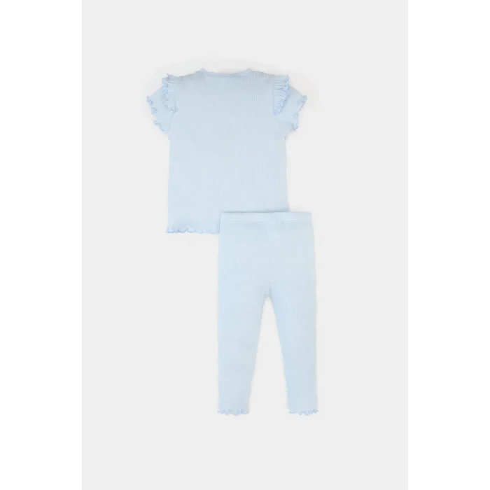 Defacto A0457 Mavi Kız Bebek 2li Takım Baskılı Kısa Kollu Fitilli Kaşkorse Tişört Beli Lastikli Alt