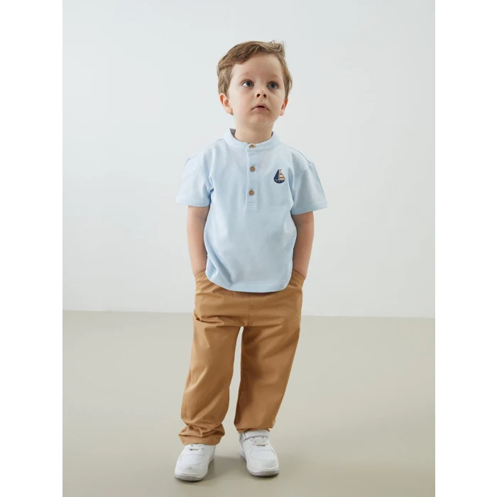 LCW baby Mavi Hakim Yaka Baskılı Erkek Bebek Tişört ve Pantolon 2li