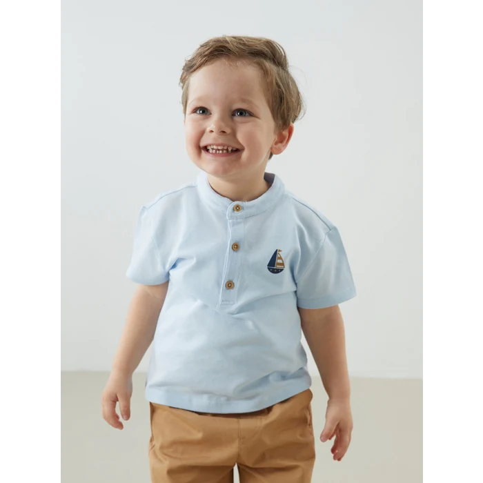 LCW baby Mavi Hakim Yaka Baskılı Erkek Bebek Tişört ve Pantolon 2li