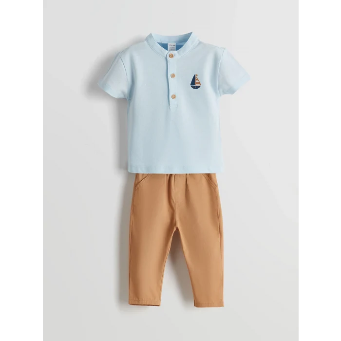LCW baby Mavi Hakim Yaka Baskılı Erkek Bebek Tişört ve Pantolon 2li
