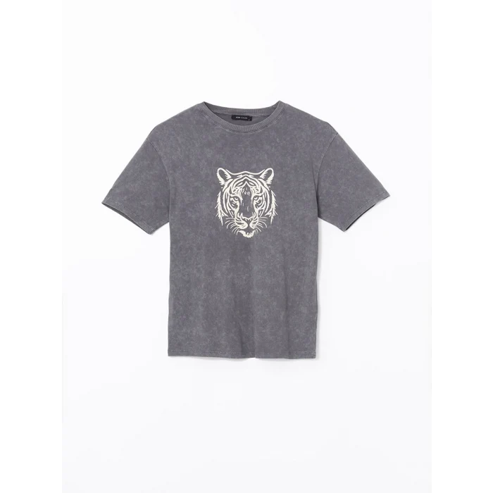 LCW Vision Antrasit Bisiklet Yaka Leopar Baskılı Kadın Tişört