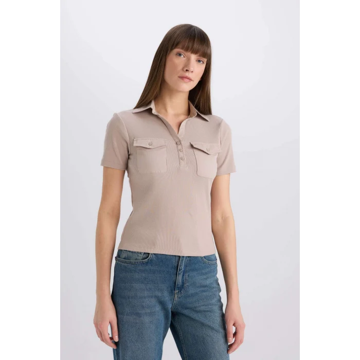 Defacto E5403 Bej Slim Fit Dar Kesim Fitilli Kaşkorse Cepli Kısa Kollu Polo Tişört