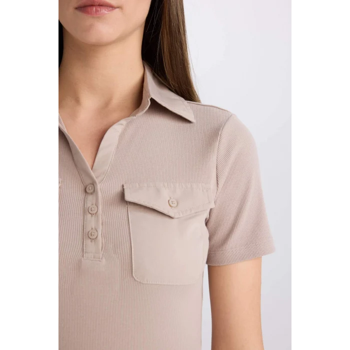 Defacto E5403 Bej Slim Fit Dar Kesim Fitilli Kaşkorse Cepli Kısa Kollu Polo Tişört