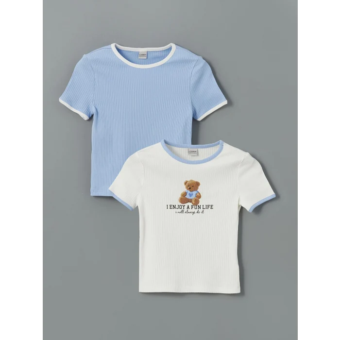 LCW Kids Ekru Bisiklet Yaka Ayı Teddy Baskılı Kız Çocuk Crop Tişört 2li