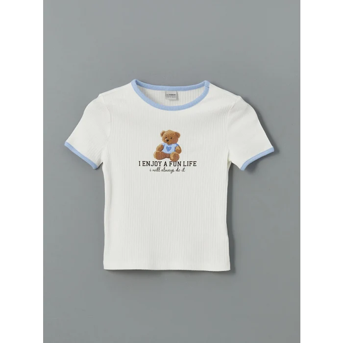 LCW Kids Ekru Bisiklet Yaka Ayı Teddy Baskılı Kız Çocuk Crop Tişört 2li