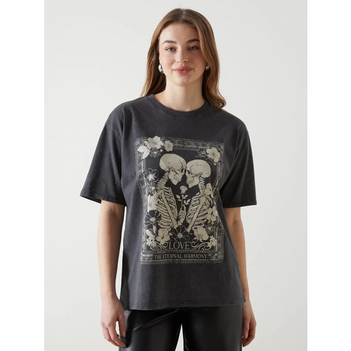 LCW Vision Antrasit Bisiklet Yaka Baskılı Oversize Kadın Tişört