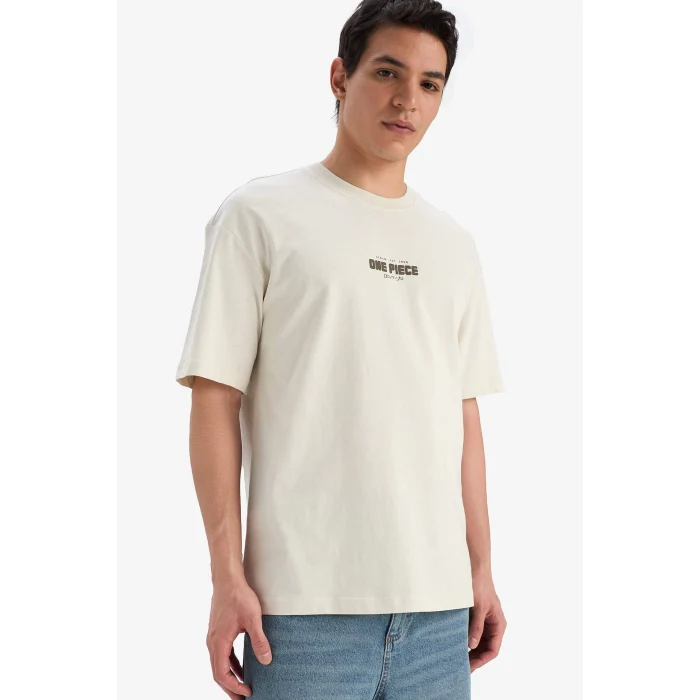 Defacto E0714 Bej %100 Pamuk One Piece Boxy Fit Bisiklet Yaka Sırt Baskılı Kısa Kollu Tişört